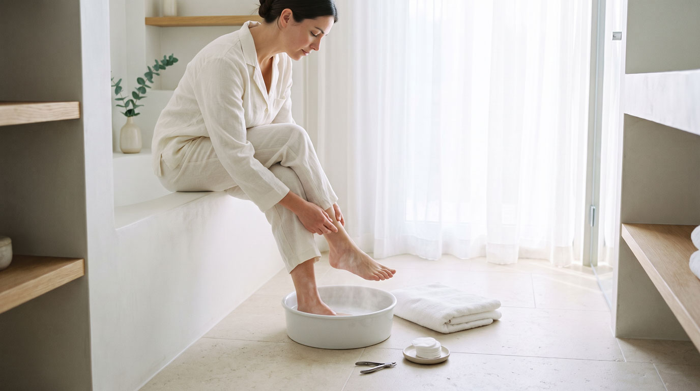 Foot soaking in a warm basin beside nail clippers and cotton pads