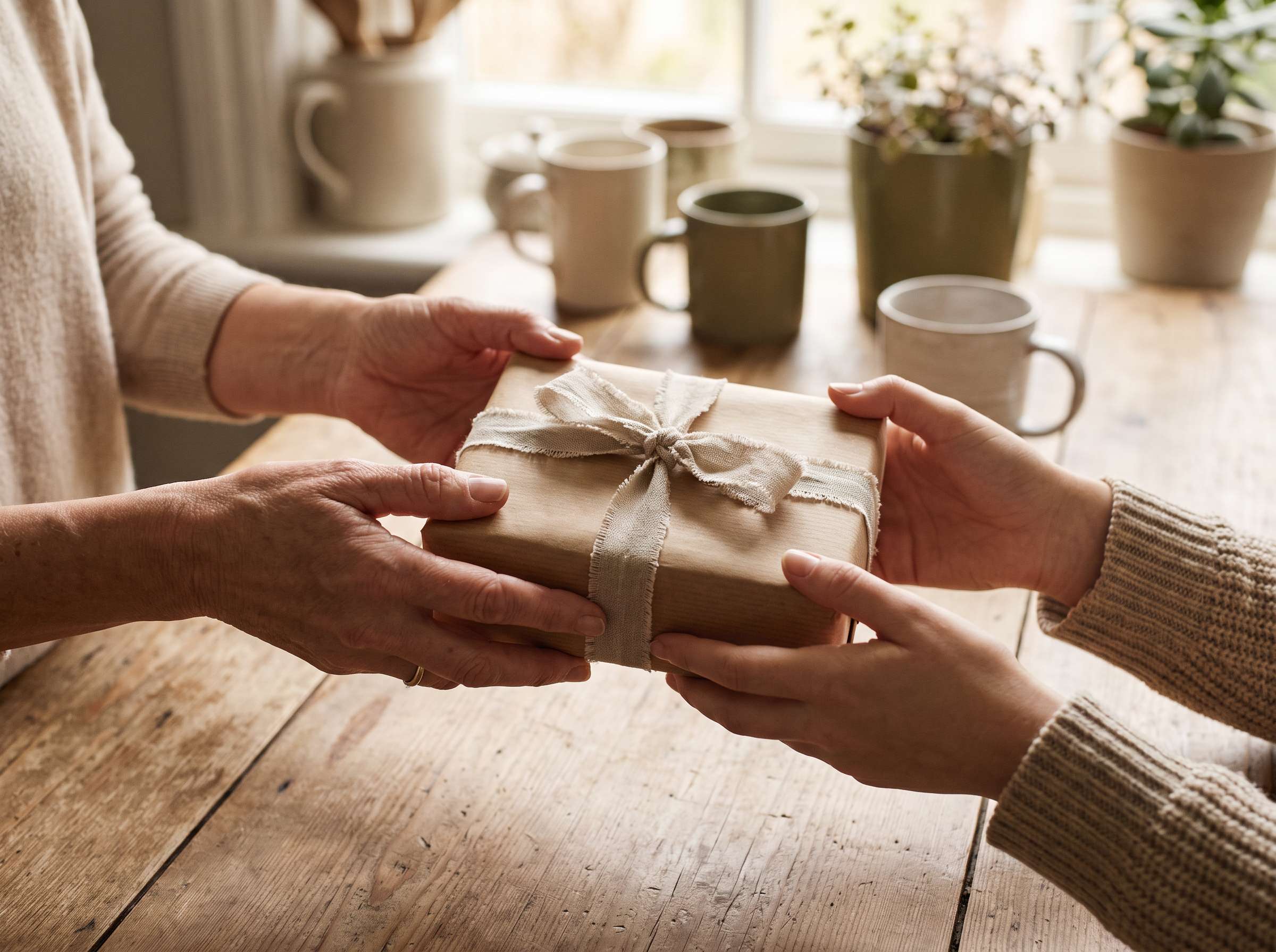 Two pairs of hands — one giving a wrapped gift to another