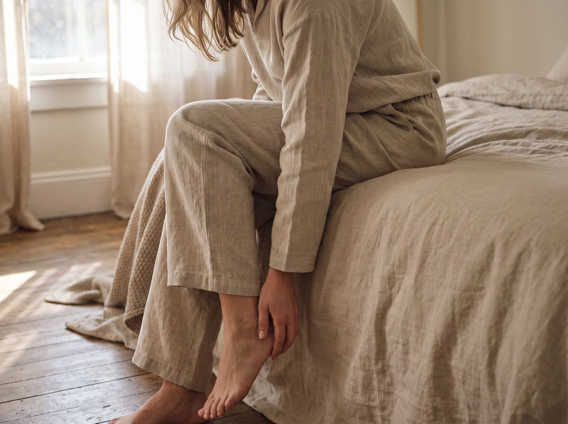 Person checking their heel, seated on the edge of a bed