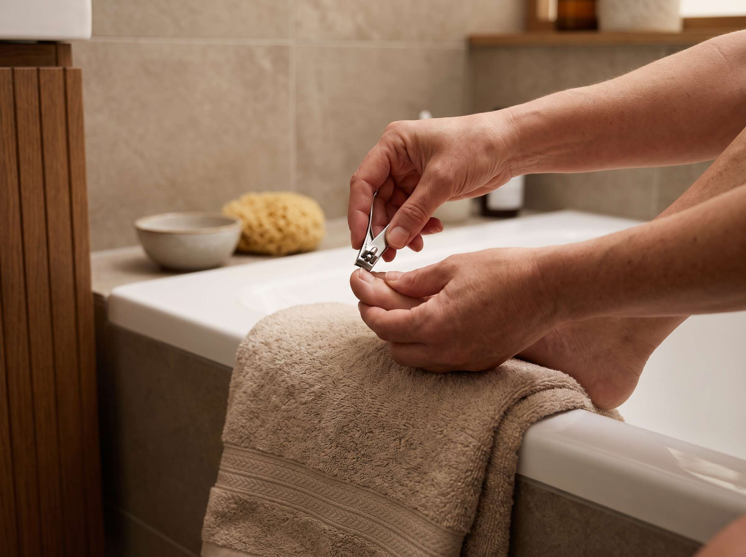 Hands trimming toenails carefully at a bathroom sink