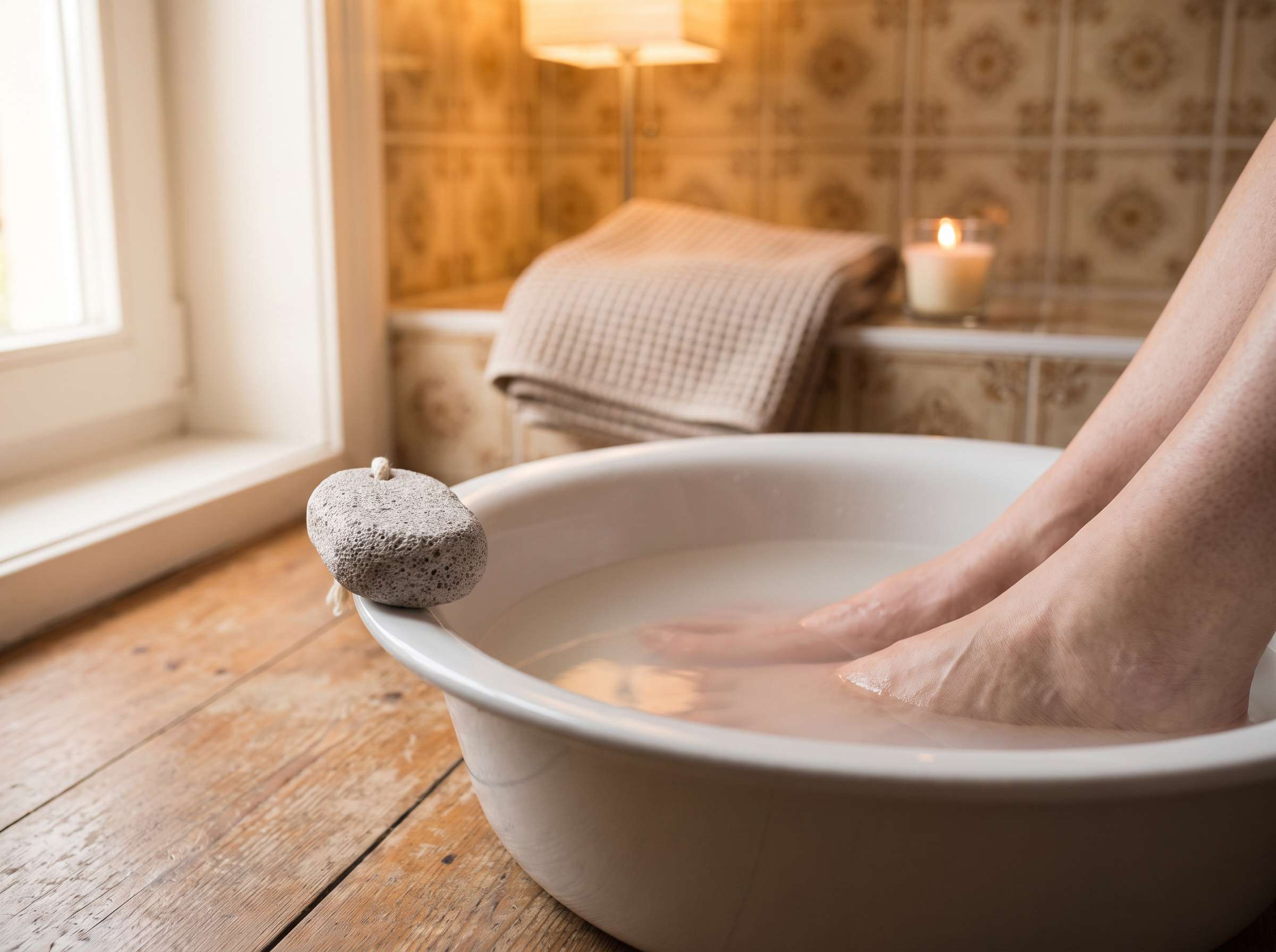 Feet soaking with a pumice stone nearby