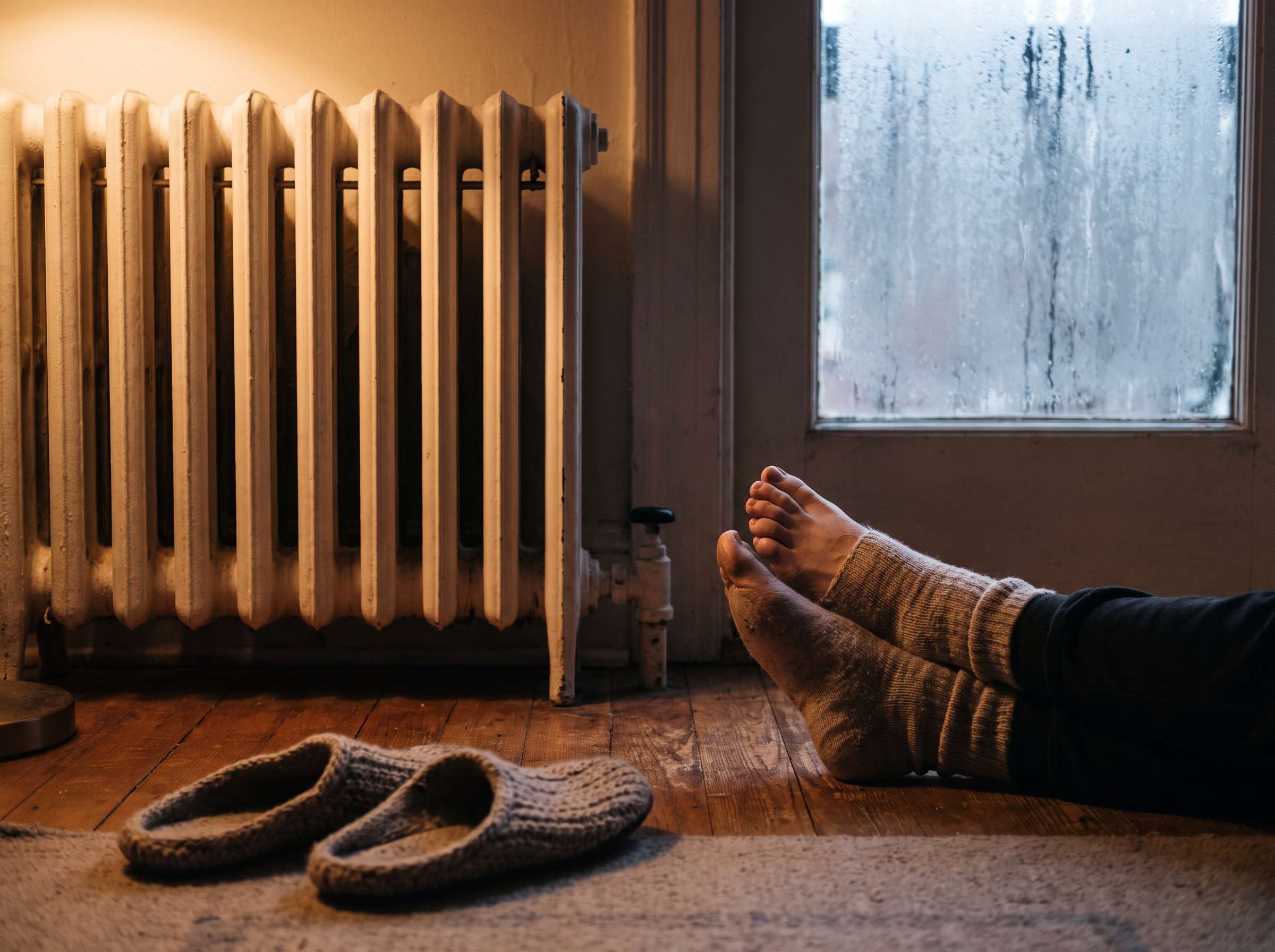 Feet resting near a radiator, winter dryness mood
